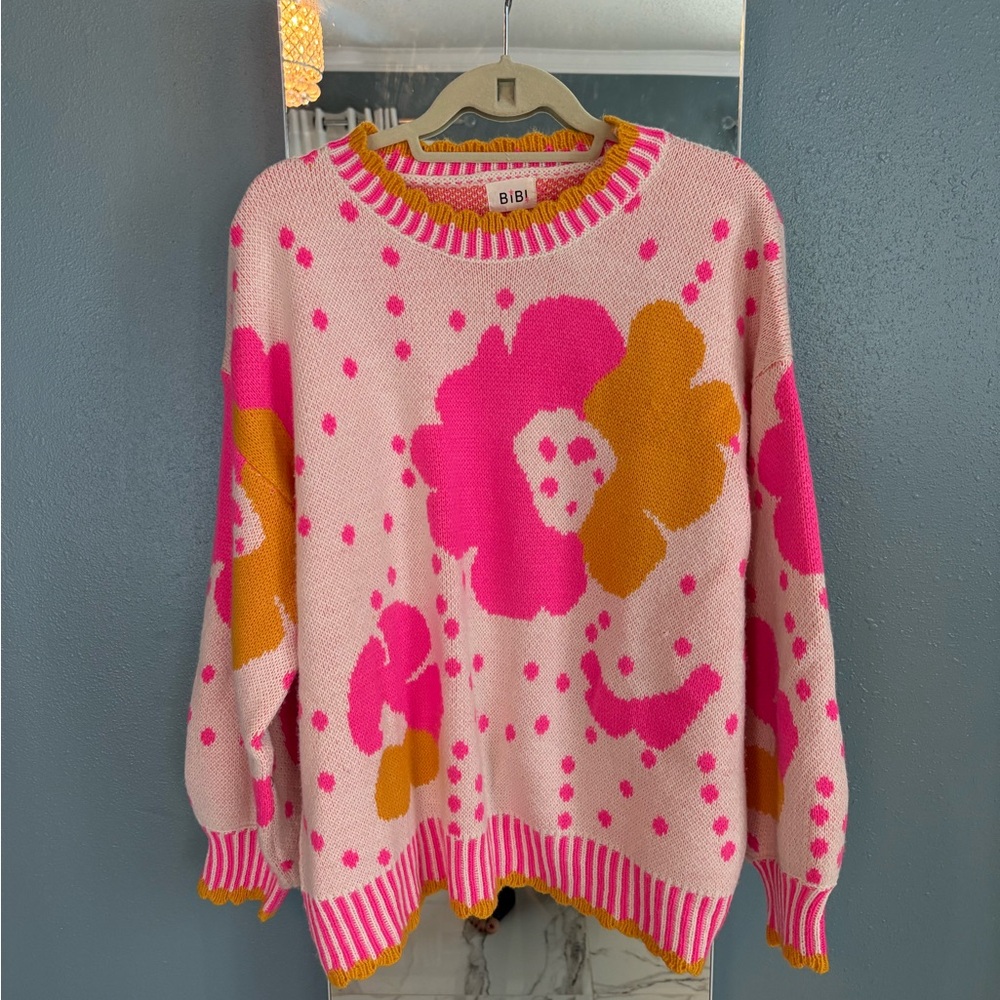 BiBi Pink and Orange Floral Crew Neck Sweater